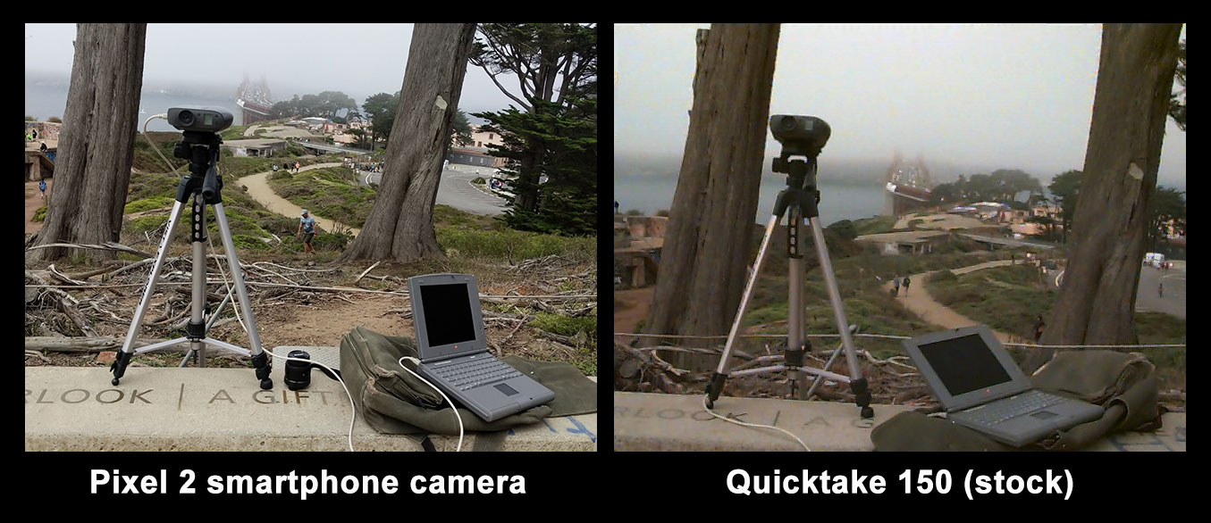 example photo comparing Pixel 2 with Quicktake 150, photo of camera and powerbook in front of golden gate bridge in fogust