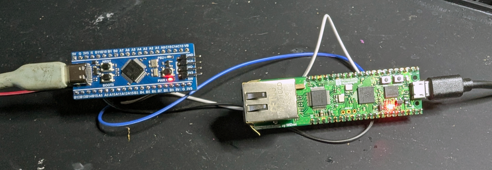 Two dev boards on a desk