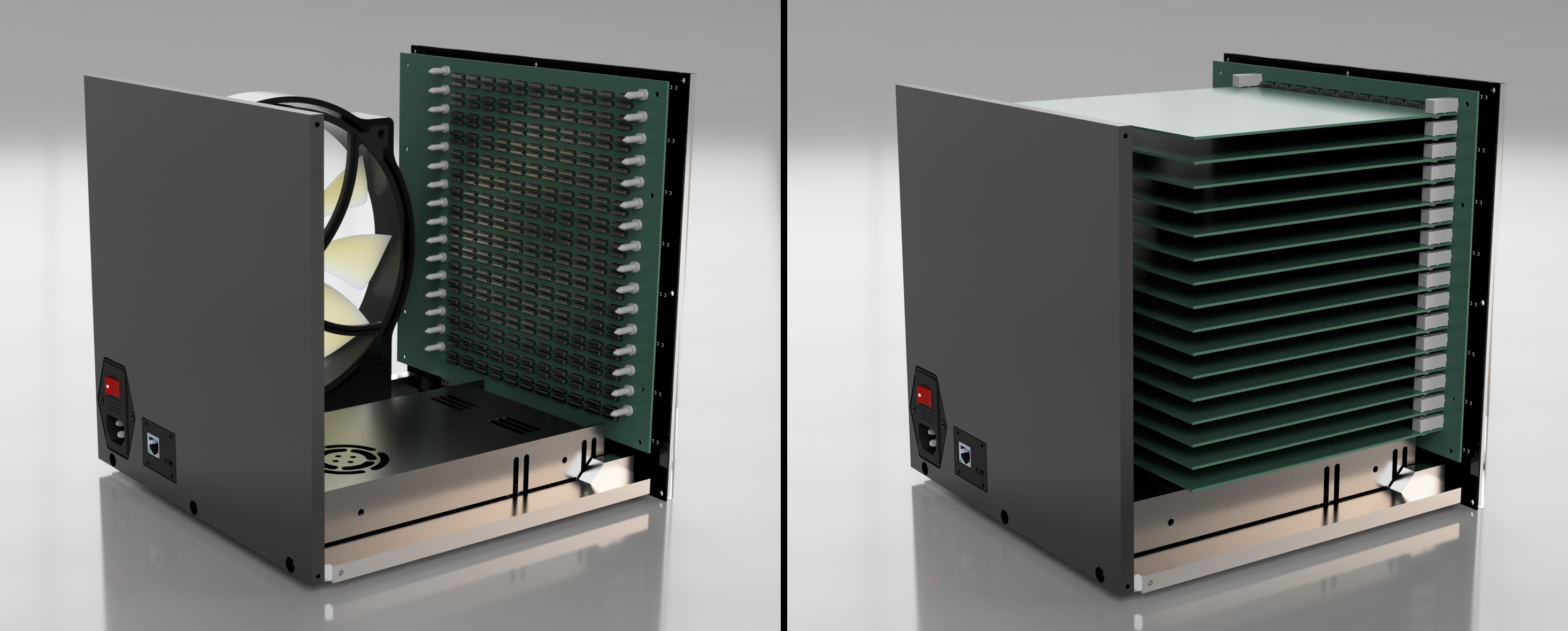 Renders of the computer with the backplane unloaded, left, and loaded with 16 compute cards, right