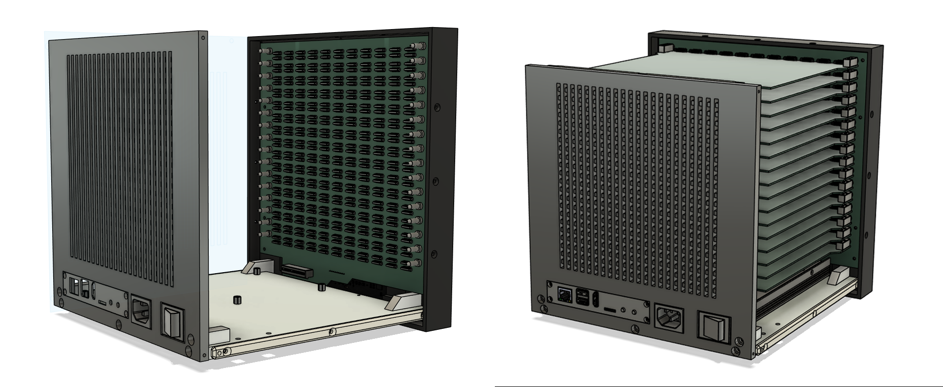 Renders of the computer with the backplane unloaded, left, and loaded with 16 compute cards, right