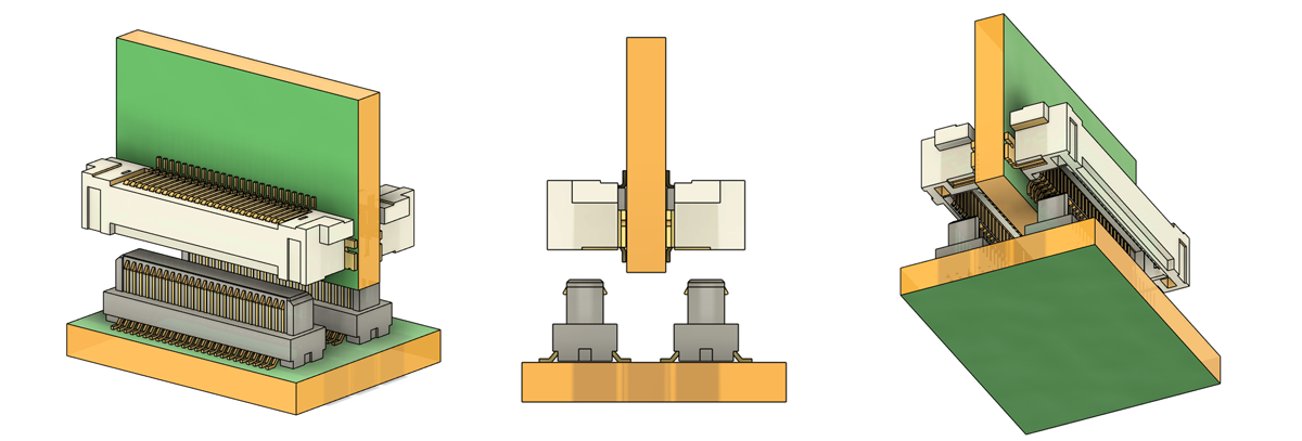 Three views of the chosen connector, cutaway to show how the attach to the boards