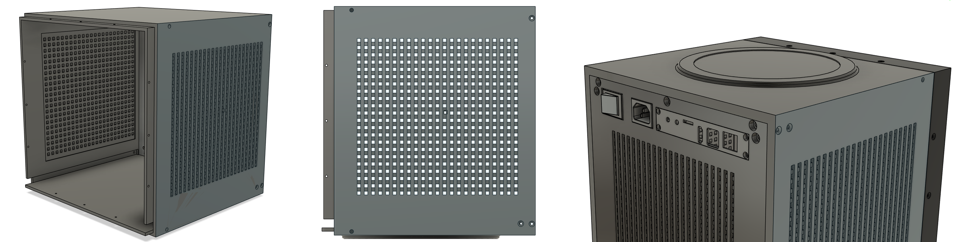 3-view of the enclosure, showing the structure, purposeful flaw, and the plinth on the bottom panel