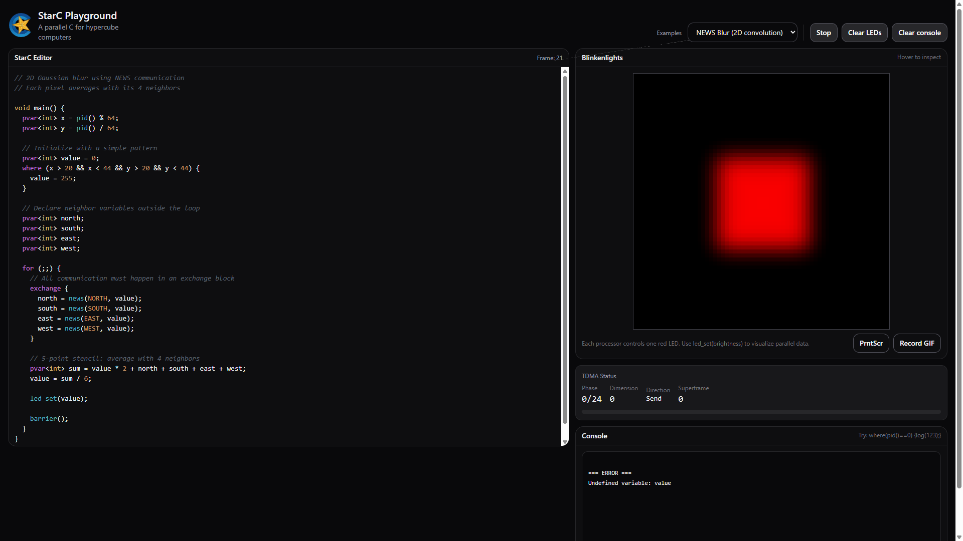 The StarC playground running the Gaussian Blur demo