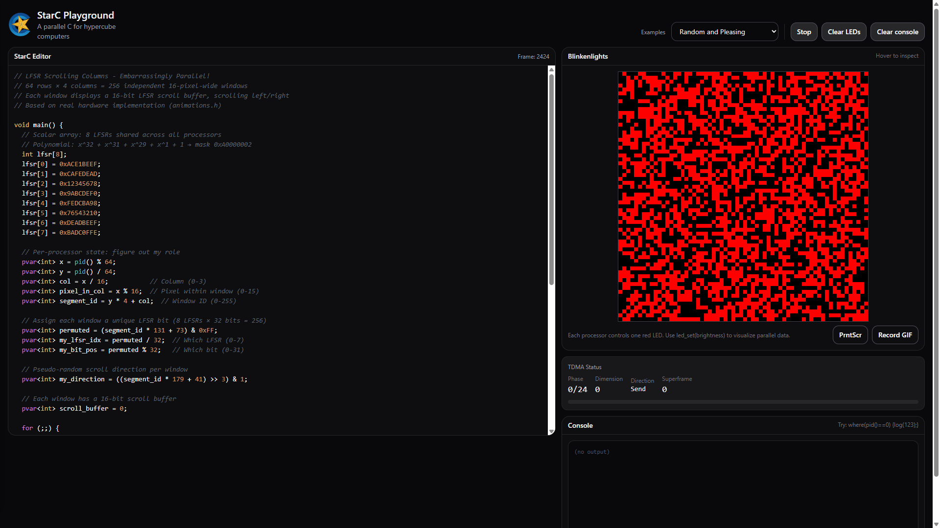 The StarC Playground running the Random and Pleasing demo